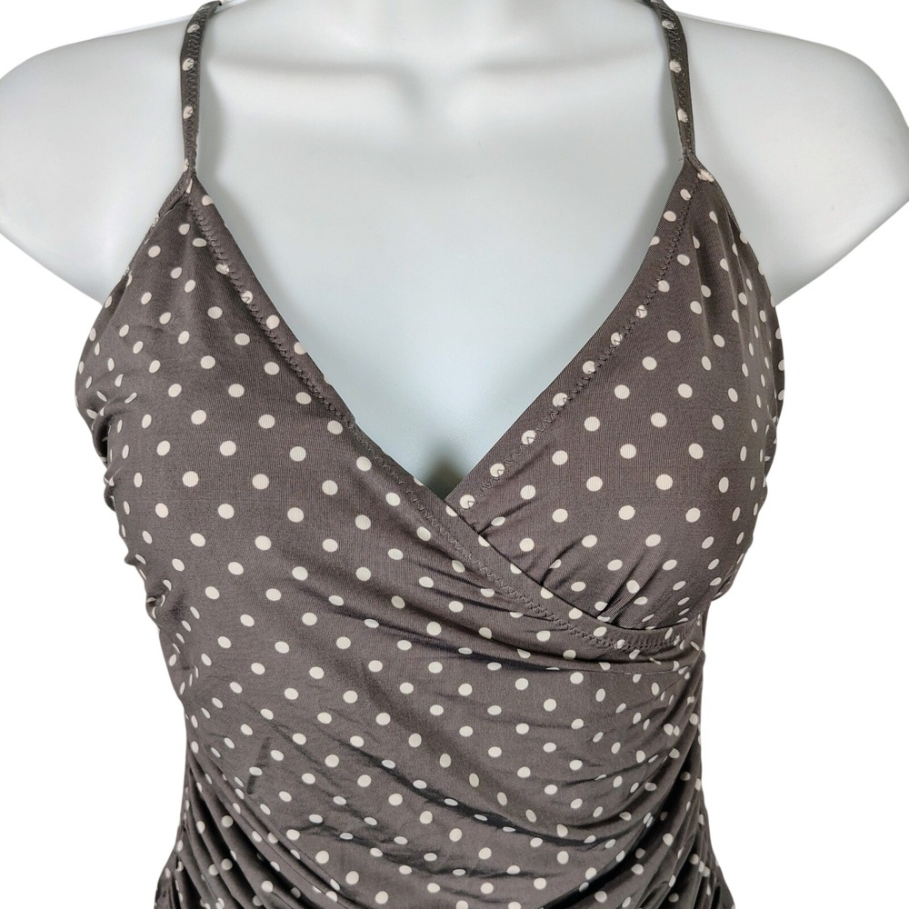 Garnet Hill‎ gray Polka Dot Ruched Wrap One Piece Swimsuit Womens 6 modest